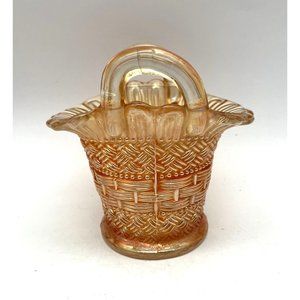 Antique Marigold Carnival Dugan Glass Handled Basket c 1900